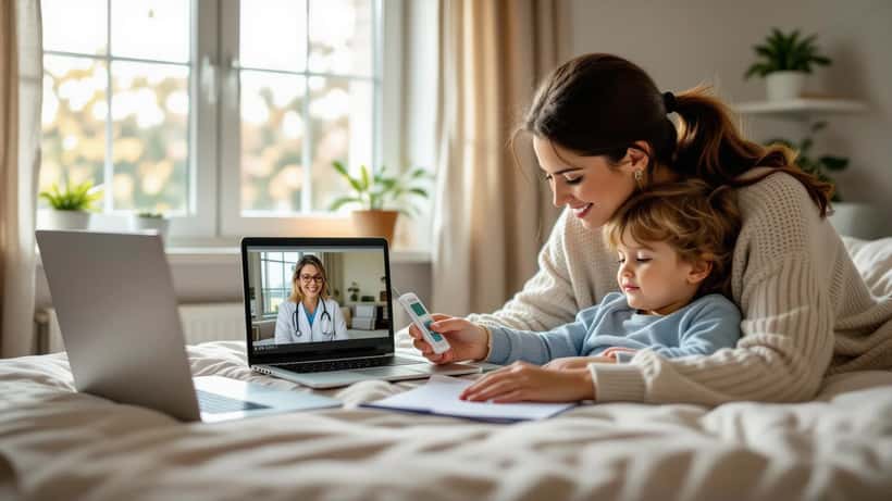 Genitore controlla la febbre del bambino durante una consulenza pediatrica online