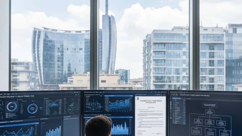 Consulente IT in ufficio moderno a Milano che analizza dati su compliance e piracy shield