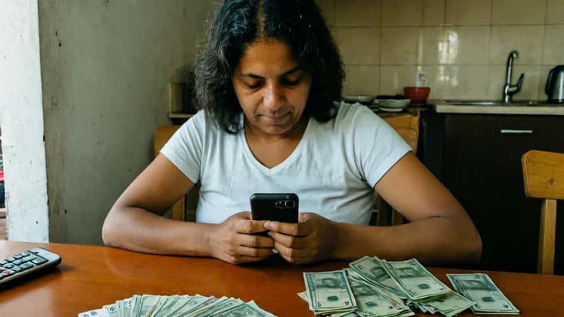 Mulher brasileira verificando saldo do PIS/PASEP no aplicativo com notas de reais na mesa
