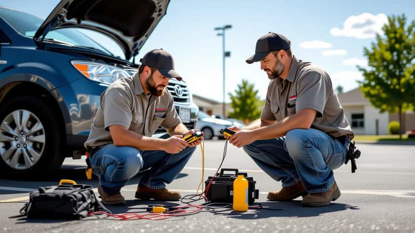 Mechanic checking a car battery with a multimeter in a sun-blasted parking lot during a heat wave