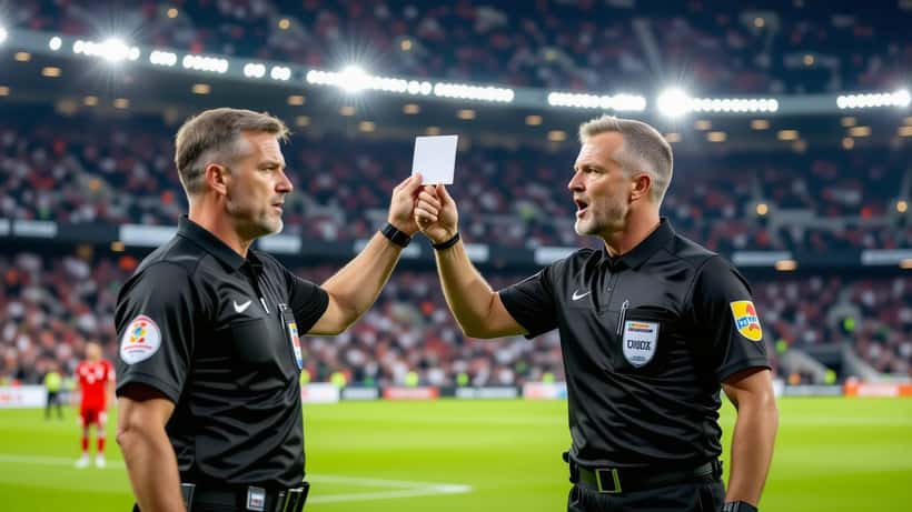 Fußballschiedsrichter zeigt rote Karte bei aggressivem Spieler im Bundesligastadion