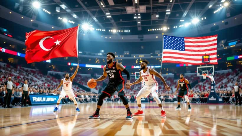 Arena da basket con giocatori Turchia vs USA 2026 e tifo