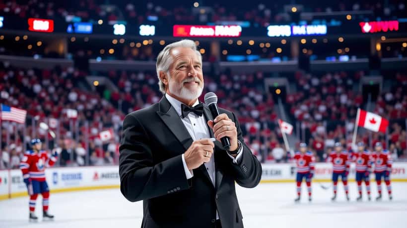 Chanteur de l'hymne national au centre de la glace dans une arène NHL pour un match éliminatoire