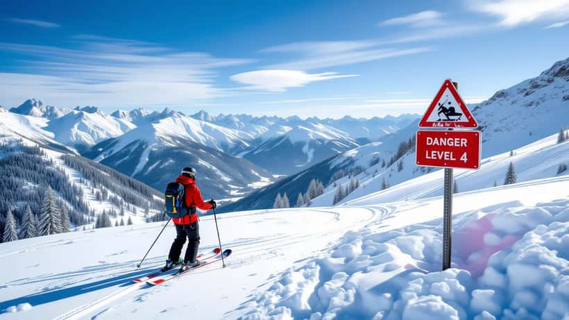 Skifahrer vor Lawinenwarntafel auf schneebedecktem Alpenhang in Österreich 2026