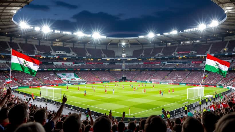 Stadio illuminato durante Bosnia ed Erzegovina-Qatar ai Mondiali 2026, tifosi con bandiere