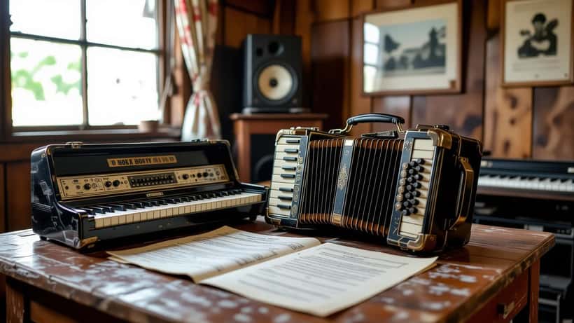 Acordeão e contratos de direitos musicais sobre mesa de estúdio nordestino