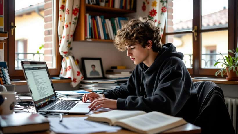 Studente italiano di liceo che studia con un laptop e la modalità studio di ChatGPT, libro di testo e appunti sulla scrivania
