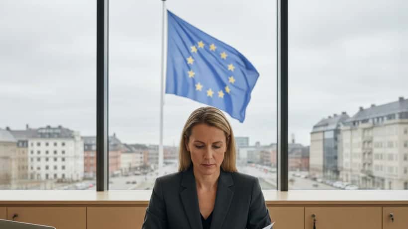 Dansk advokat gennemgår EU-juridiske dokumenter i et moderne Københavns kontormiljø med EU-flag synligt