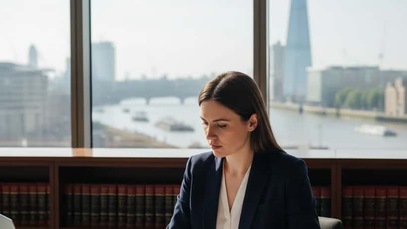 British legal professional reviewing financial regulation documents about prediction markets