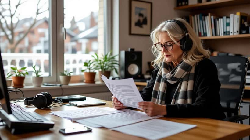 Notaire et héritière examinant des relevés de redevances musicales et des partitions