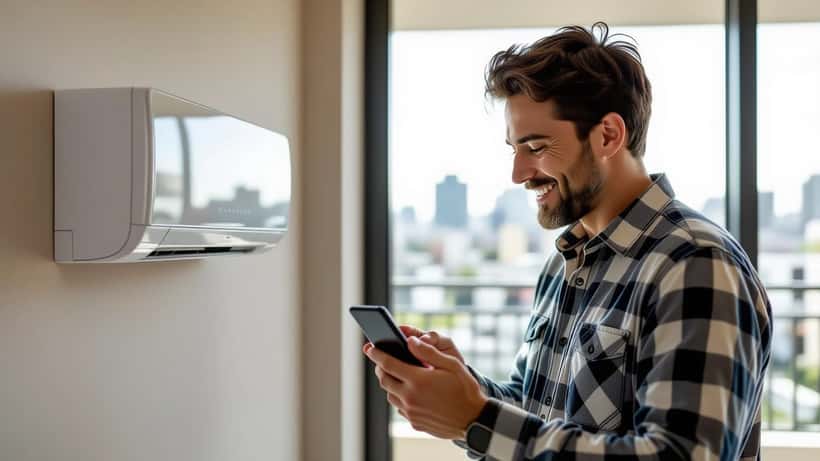 Profissional brasileiro monitorando temperatura ambiente em aplicativo IoT no smartphone, sensor inteligente na parede de apartamento em São Paulo