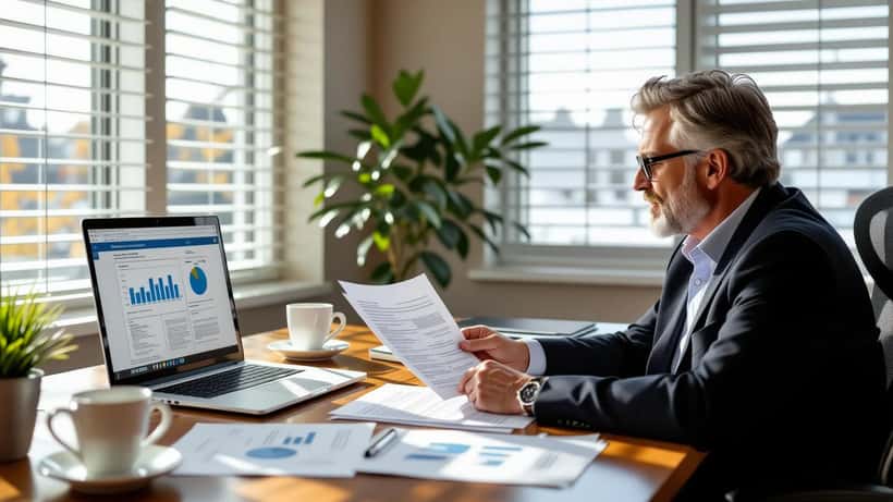 A financial advisor and a mid-career professional reviewing RRSP and income documents at a Toronto office desk