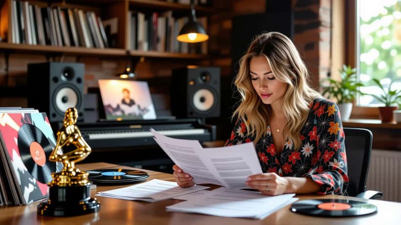 Ung kvinna granskar musikkontrakt i stockholmsstudio med grammofonpris i bakgrunden