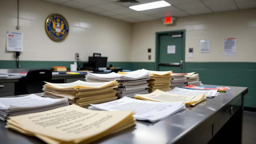 Legal clemency documents and court appeal papers on desk in Tennessee prison administrative office