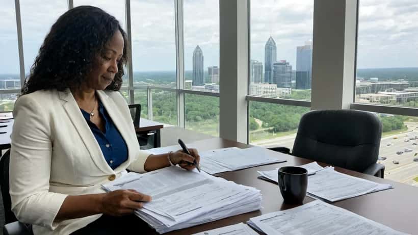 Woman reviewing legal documents at a law firm conference table with city skyline view