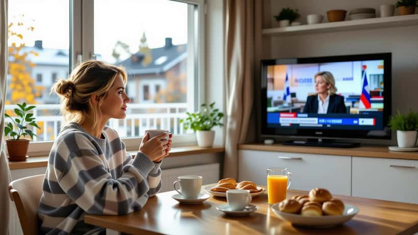 Kvinna i pyjamas ser på Nyhetsmorgon med kaffekopp i Stockholm-lägenhet, valveckan 2026