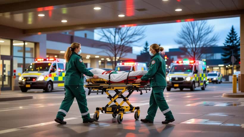 Medical staff wheeling a stretcher at a hospital ambulance bay in Edmonton at dusk