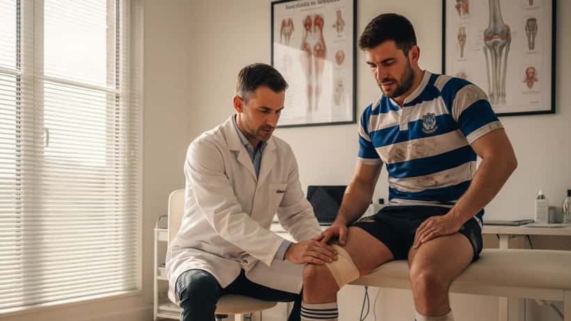Médecin du sport examinant le genou d'un rugbyman dans un cabinet de consultation à Toulouse