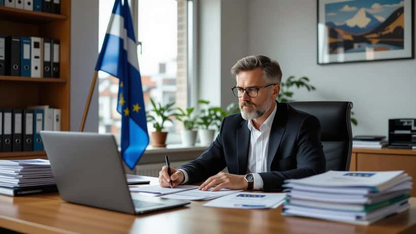 Asianajaja käy läpi EU:n turvapaikka-asiakirjoja Helsingin lakitoimistossa