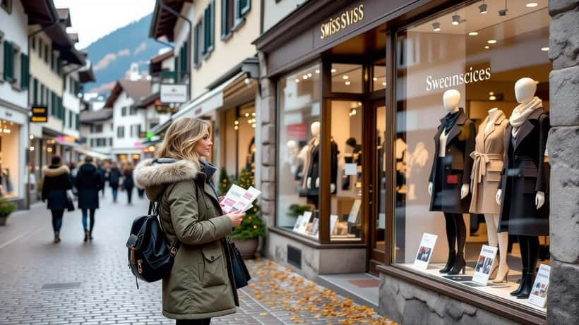 Femme tenant un bon-cadeau devant un Modehaus suisse fermé, Willisau Lucerne automne 2026