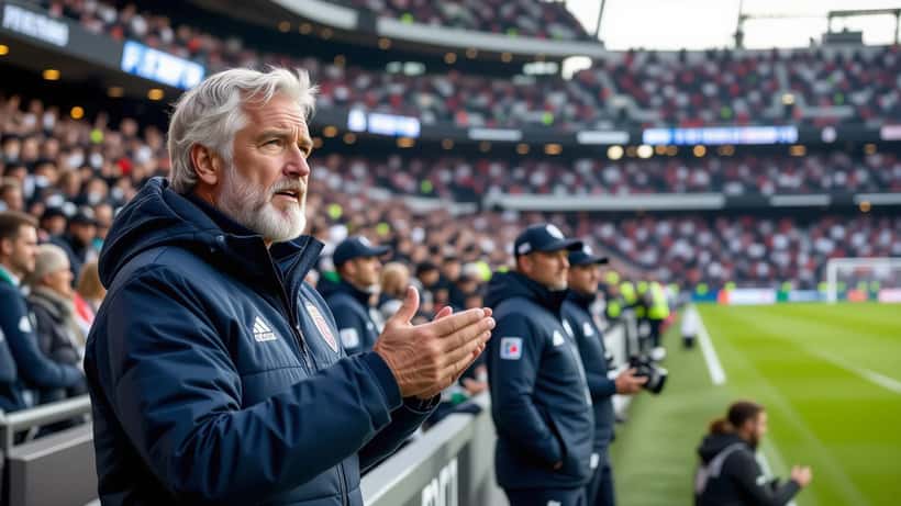 Fotbollstränare gestikulerar intensivt från avbytarbänken under VM 2026 med fullpackad stadion i bakgrunden