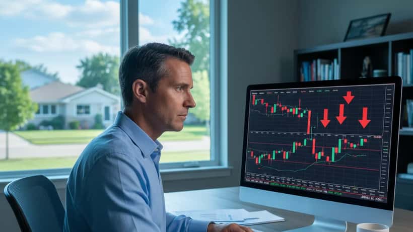 Man reviewing stock market charts on a home office computer showing red downward arrows, concerned expression