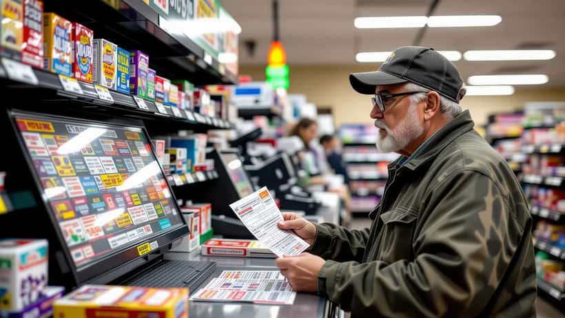 Hombre sosteniendo un raspadito ganador de $2 millones en una tienda de Martinez, Georgia