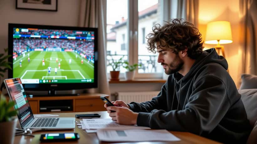 Apostador português verifica plataforma de apostas desportivas no telemóvel antes do jogo Flamengo x Mirassol