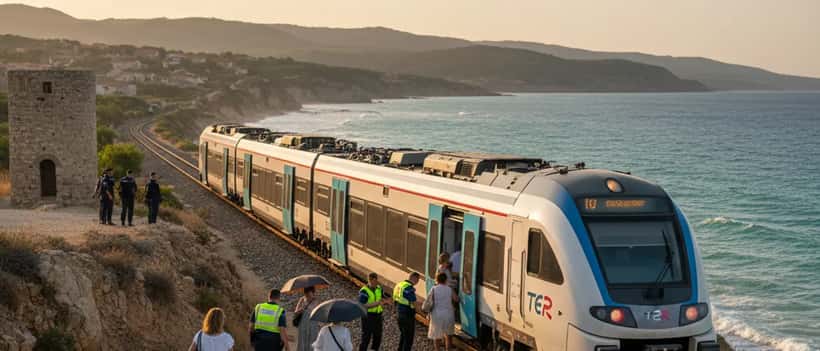 Passagers évacuant un train TER régional arrêté en Provence sous un ciel ensoleillé