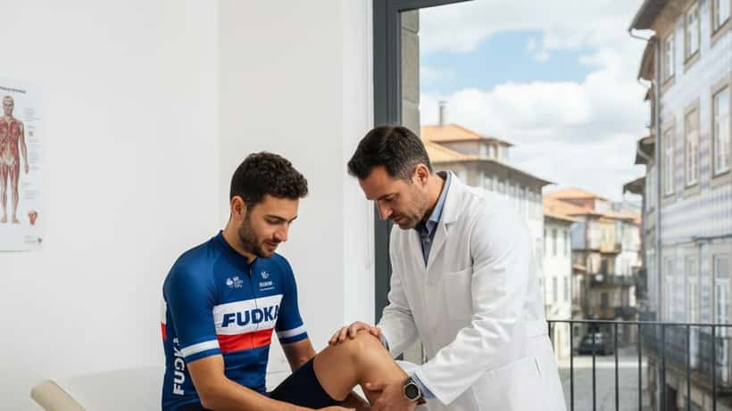 Ciclista sendo examinado por médico desportivo após lesão no joelho em clínica do Porto
