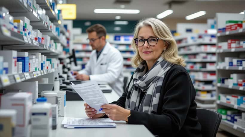 Vrouw bij apotheek houdt Mounjaro injectiepen en recept vast, Amsterdam 2026
