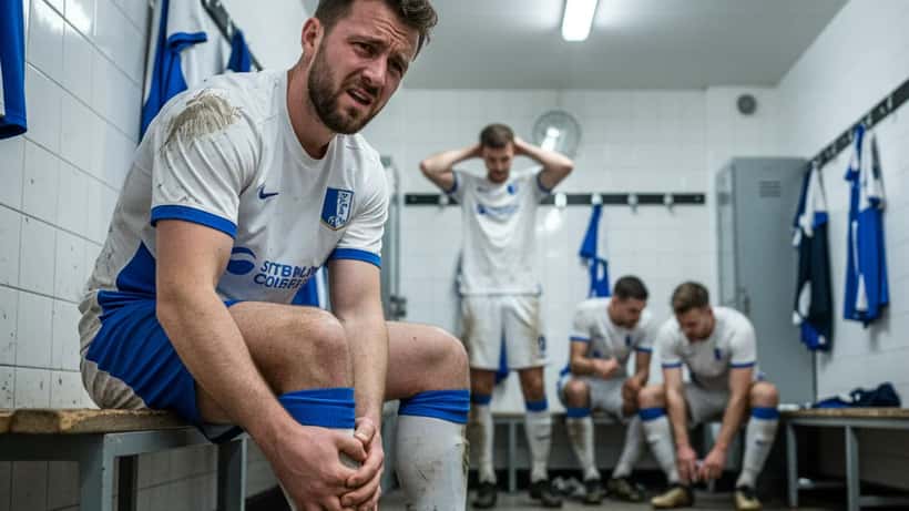 Amateur footballer sitting on a bench holding his ankle after a Sunday league match in Leeds