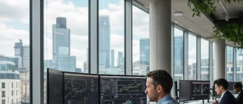 UK IT specialist monitoring business dashboards on multiple screens in a modern London office