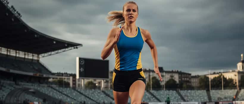 Ung svensk kvinna springer pa ett friidrottsplan i stadion, atletisk kostym, fokuserat uttryck