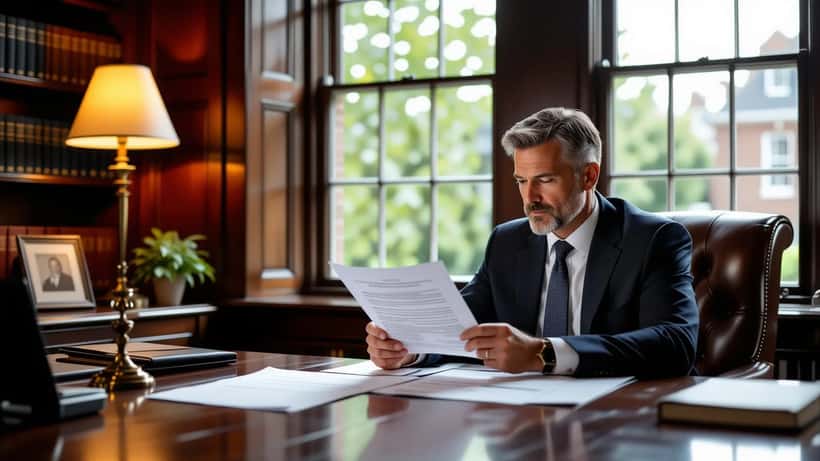 Solicitor reviewing employment contract and academic credentials at a desk in a UK law office