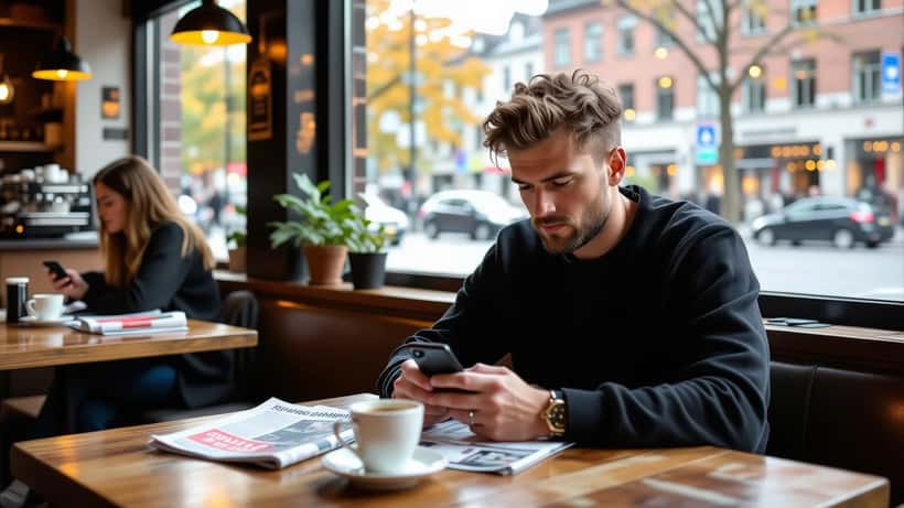 Man i Stockholm-kafé kontrollerar sportspelapp på telefon efter Norge–Portugal Nations League 2026