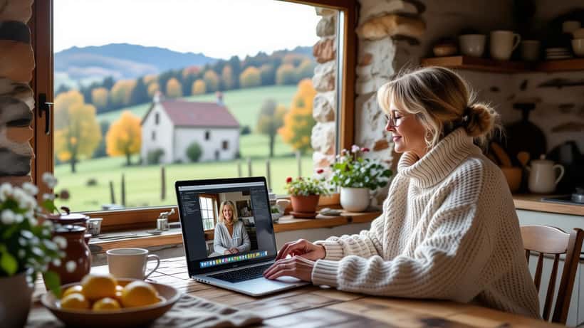 Femme en téléconsultation médicale dans une cuisine rurale de Haute-Loire