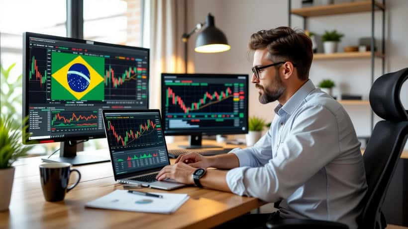 Profissional brasileiro verificando carteira de investimentos com notícias eleitorais de 2026 na televisão ao fundo