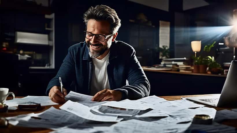 Homme consultant ses documents d'assurance santé et sa mutuelle avec une facture surlignée sur une table