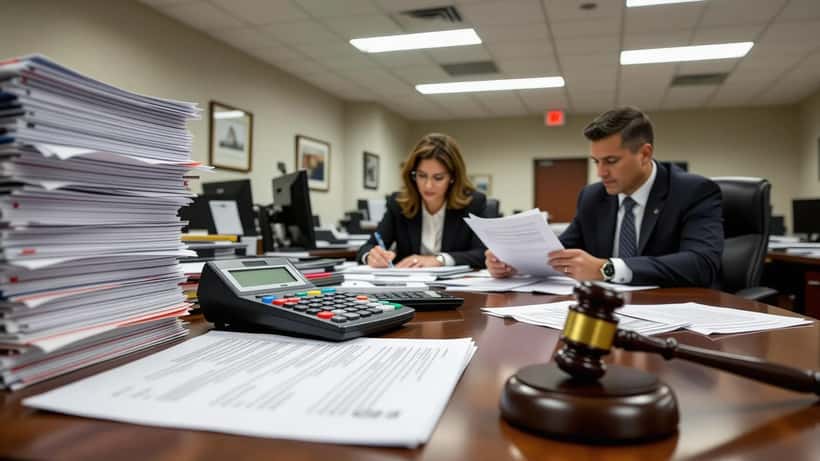 Mesa de tribunal de família com processos, mandado e calculadora