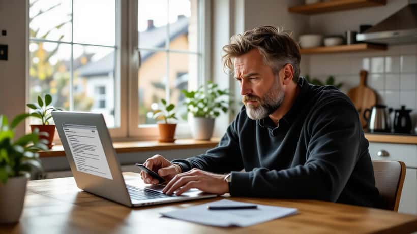 Norsk mann studerer en mistenkelig abonnementsfaktura på e-post på en laptop ved kjøkkenbordet