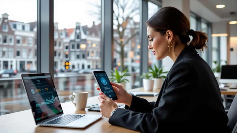 Nederlandse professional bekijkt smartphone met digitale identiteitsverificatie-app in modern Amsterdam kantoor