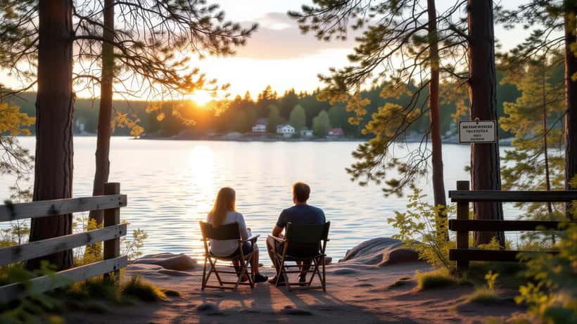 Tält uppslaget i vild natur under gyllene sommarljus