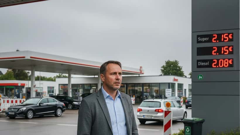 Deutscher Autofahrer an einer Tankstelle blickt auf steigende Benzinpreise