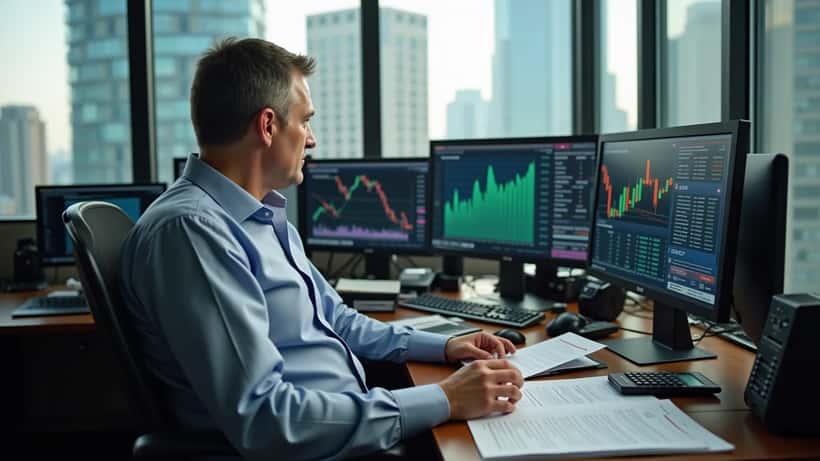 Financial analyst reviewing investment portfolio with oil price charts on screens in Toronto office
