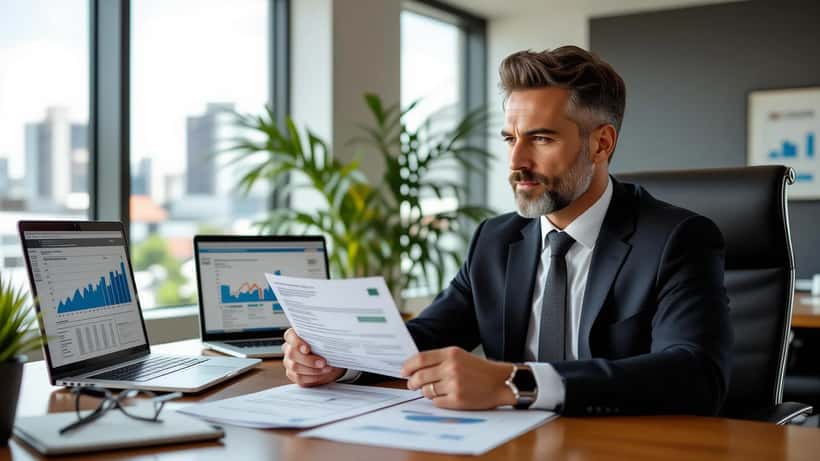 Brasileiro comemorando prêmio de loteria com consultor financeiro em escritório