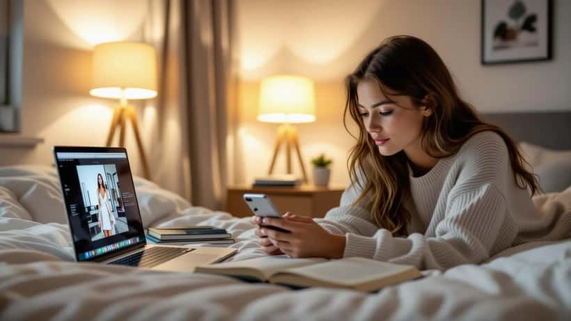 Teenager in a Brisbane bedroom watching a runway show video on her phone