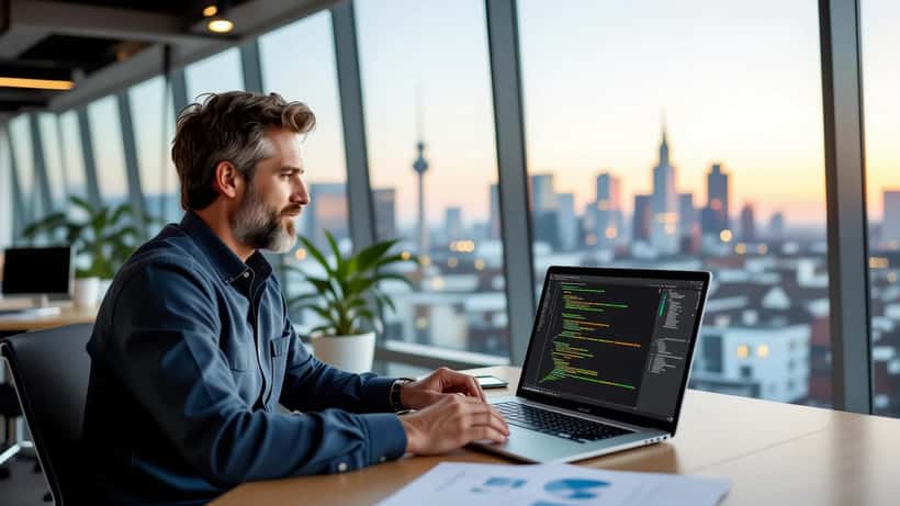 Consultant IT analyse l'interface Claude Opus 5.5 sur laptop dans un bureau d'entreprise à Zurich