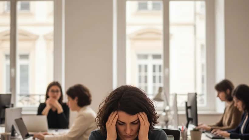Jeune femme française stressée à son bureau dans un open space à Lyon