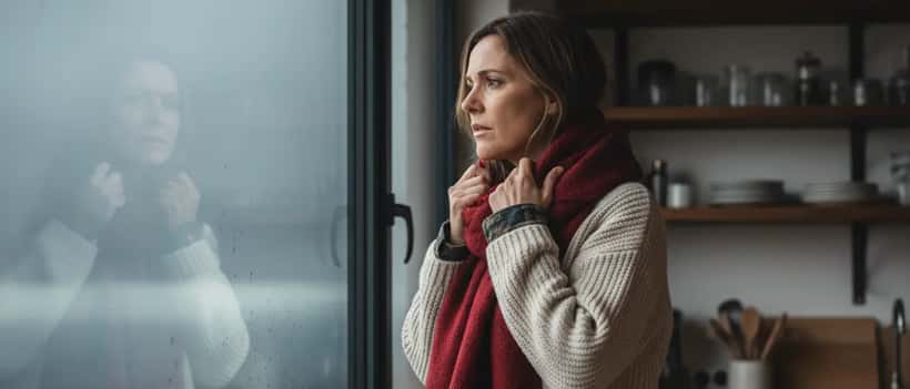Mulher portuguesa em casa enrolada num cachecol quente a olhar para o exterior com tempo frio